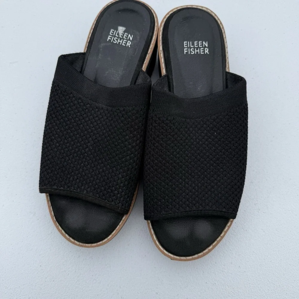Eileen Fisher Telly Recycled Stretch Knit Wedge Sandal Sz 6‎ Slip On Black Rare
